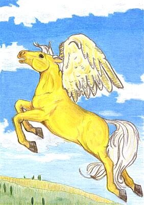 Drawing titled "Golden Pegasus" by Christine Bennett (Calzephyr), Original Artwork