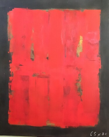 Painting titled "Red" by Christine Besson, Original Artwork, Oil Mounted on Wood Stretcher frame