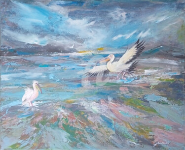 Painting titled "2 pelicans" by Christine Chaussade, Original Artwork, Acrylic