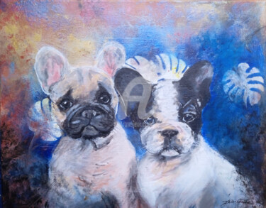 Painting titled "Deux chiots" by Christine Chaussade, Original Artwork, Acrylic Mounted on Wood Stretcher frame