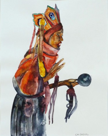 Ζωγραφική με τίτλο "Chamane" από Christine Cheval, Αυθεντικά έργα τέχνης, Ακουαρέλα