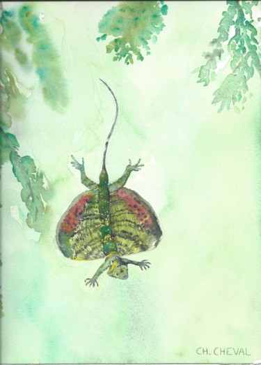 Картина под названием "Dragon volant" - Christine Cheval, Подлинное произведение искусства, Акварель