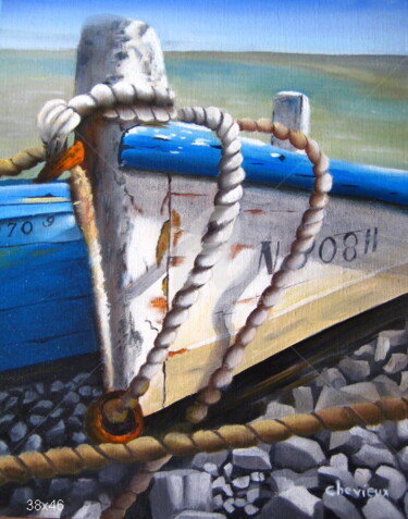Painting titled "vieille barque" by Christine Chevieux, Original Artwork, Oil Mounted on Wood Stretcher frame