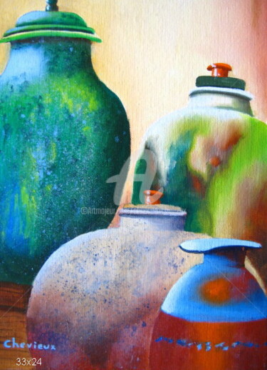 Painting titled "pots" by Christine Chevieux, Original Artwork, Oil