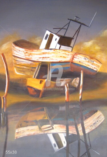 Painting titled "vieux bateau" by Christine Chevieux, Original Artwork, Oil