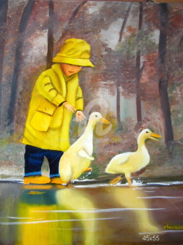 Painting titled "les canards" by Christine Chevieux, Original Artwork, Oil