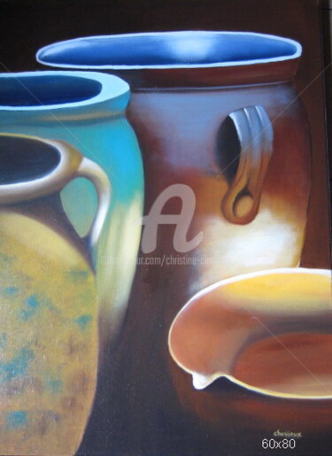 Painting titled "pots 1" by Christine Chevieux, Original Artwork, Oil Mounted on Wood Stretcher frame