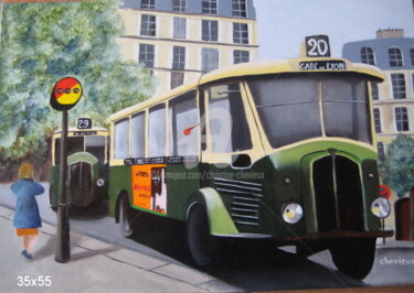 Pittura intitolato "vieux bus parisien" da Christine Chevieux, Opera d'arte originale, Olio