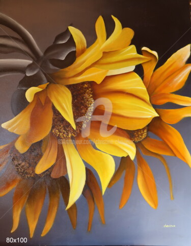 Painting titled "tournesols" by Christine Chevieux, Original Artwork, Oil