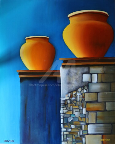 Painting titled "pots jaunes" by Christine Chevieux, Original Artwork, Oil