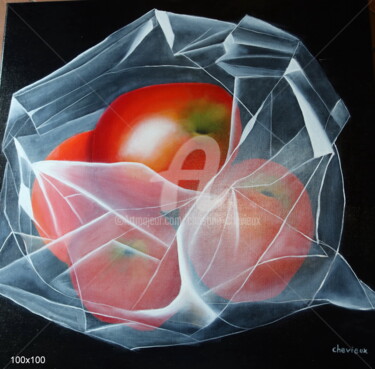 Peinture intitulée "pommes en sachet" par Christine Chevieux, Œuvre d'art originale, Huile Monté sur Châssis en bois