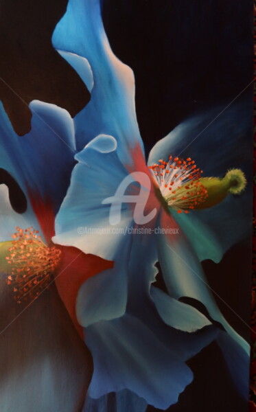 Painting titled "le bleu des fleurs!" by Christine Chevieux, Original Artwork, Oil Mounted on Wood Stretcher frame