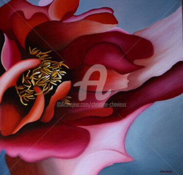 Painting titled "fleur rouge" by Christine Chevieux, Original Artwork, Oil Mounted on Wood Stretcher frame