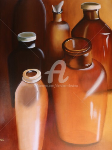 Painting titled "vieux pots de pharm…" by Christine Chevieux, Original Artwork, Oil Mounted on Wood Stretcher frame
