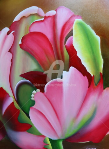 Painting titled "tulipe" by Christine Chevieux, Original Artwork, Oil Mounted on Wood Stretcher frame