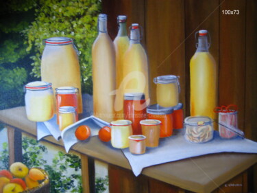 Painting titled "Jus de pommes" by Christine Chevieux, Original Artwork, Oil
