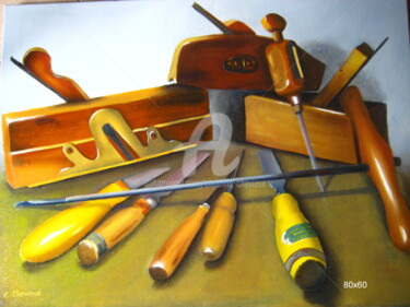 Painting titled "Vieux outils du bois" by Christine Chevieux, Original Artwork, Oil