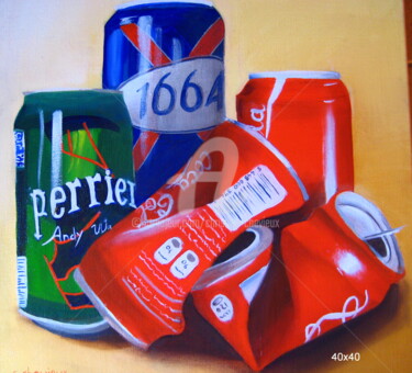 Schilderij getiteld "Canettes et coca" door Christine Chevieux, Origineel Kunstwerk, Olie