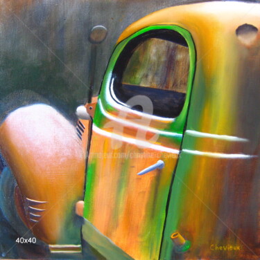 Malerei mit dem Titel "vieille voiture ver…" von Christine Chevieux, Original-Kunstwerk, Öl Auf Keilrahmen aus Holz montiert