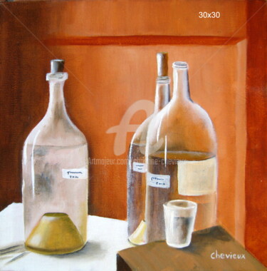 Painting titled "vieilles bouteilles" by Christine Chevieux, Original Artwork, Oil