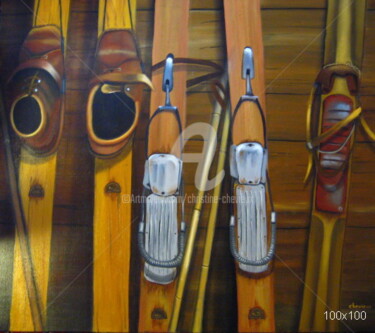 Painting titled "vieux skis" by Christine Chevieux, Original Artwork, Oil
