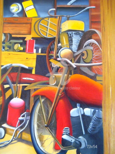 Peinture intitulée "le garage de papy" par Christine Chevieux, Œuvre d'art originale, Huile