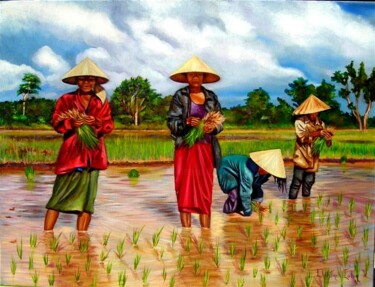 Peinture intitulée "Repiquage du riz" par Christine Collin, Œuvre d'art originale, Huile