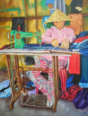 Painting titled "La machine à coudre" by Christine Collin, Original Artwork, Oil Mounted on Wood Stretcher frame