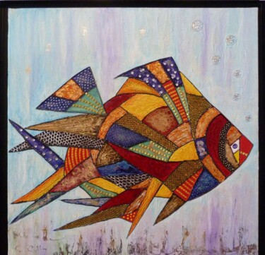 Картина под названием "Le poisson" - Christine Collin, Подлинное произведение искусства, Витражная роспись Установлен на Дер…