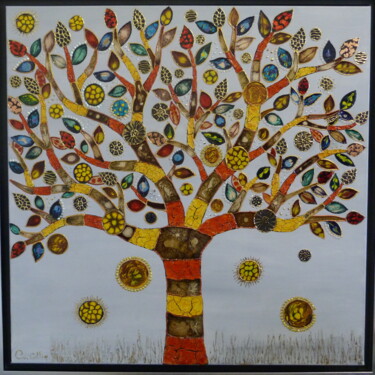 Painting titled "L'arbre bijou" by Christine Collin, Original Artwork, Stained glass painting Mounted on Wood Stretcher frame