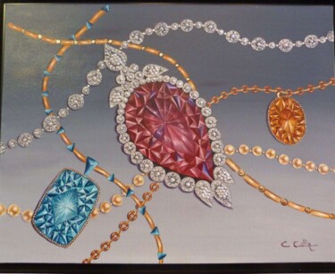 Painting titled "Les bijoux" by Christine Collin, Original Artwork, Oil Mounted on Wood Stretcher frame