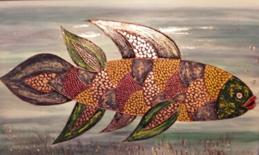 Painting titled "Le coelacanthe" by Christine Collin, Original Artwork, Stained glass painting Mounted on Wood Stretcher fra…