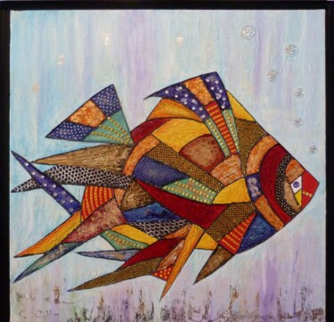 Painting titled "Le poisson" by Christine Collin, Original Artwork, Stained glass painting Mounted on Wood Stretcher frame