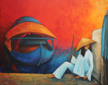 Картина под названием "house-boat" - Christine Coscioli, Подлинное произведение искусства, Акрил Установлен на Деревянная ра…