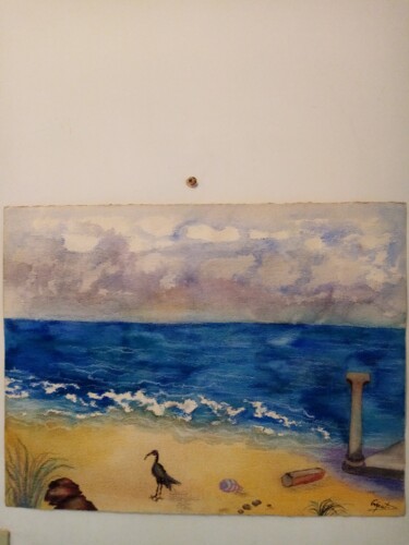 Painting titled "L'oiseau noir" by Marie Christine Creput, Original Artwork, Watercolor