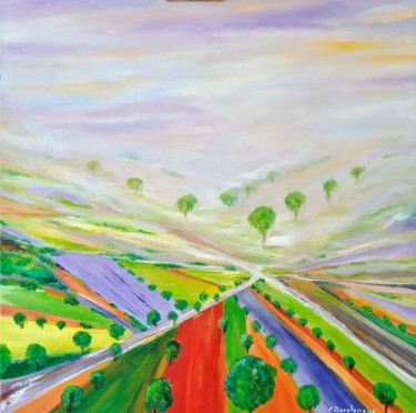 Painting titled "champs et arbres ve…" by Christine Desplanque, Original Artwork, Oil