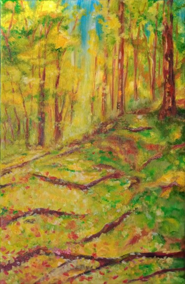 Painting titled "forêt d'automne jau…" by Christine Desplanque, Original Artwork, Oil