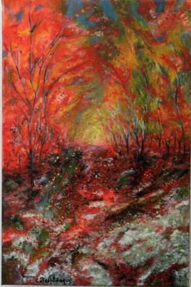 Painting titled "forêt d'automne rou…" by Christine Desplanque, Original Artwork, Oil Mounted on Wood Stretcher frame