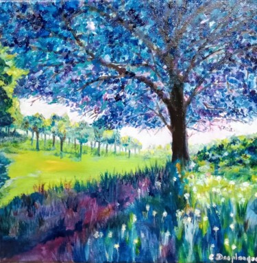 Peinture intitulée "Sous l 'arbre bleu" par Christine Desplanque, Œuvre d'art originale, Huile