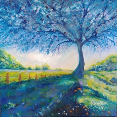 Peinture intitulée "L arbre bleu" par Christine Desplanque, Œuvre d'art originale, Huile Monté sur Châssis en bois