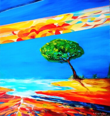 Painting titled "L arbre solitaire f…" by Christine Desplanque, Original Artwork, Oil Mounted on Wood Stretcher frame