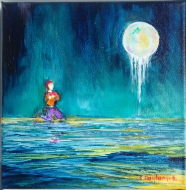 Картина под названием "La lune pleure" - Christine Desplanque, Подлинное произведение искусства, Масло Установлен на Деревян…