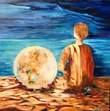 Schilderij getiteld "Rêve de lune" door Christine Desplanque, Origineel Kunstwerk, Olie Gemonteerd op Frame voor houten bran…