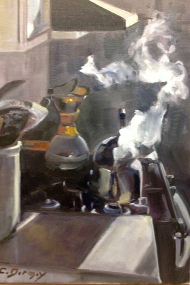 Painting titled "Chaud le café" by Christine Dormoy, Original Artwork, Oil