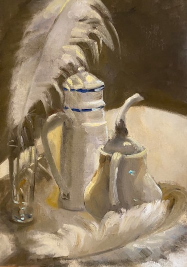 Painting titled "Thé ou café ?" by Christine Dormoy, Original Artwork, Oil