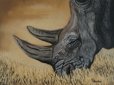 Painting titled "peinture rhinocéros" by Christine Dos Santos, Original Artwork, Oil