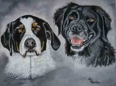 Painting titled "portrait chiens" by Christine Dos Santos, Original Artwork, Oil