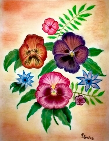 Рисунок под названием "Fleurs" - Christine Dos Santos, Подлинное произведение искусства, Карандаш