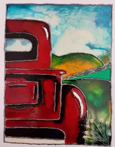 Painting titled "Voiture vintage dan…" by Christine Duplaix, Original Artwork, Stained glass painting