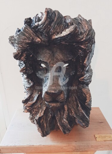 Sculptuur getiteld "Le roi Lion" door Christine Dupont, Origineel Kunstwerk, Klei